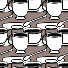 Elegant simple seamless pattern with coffee cups on grey background, watercolor illustration for different purposes.