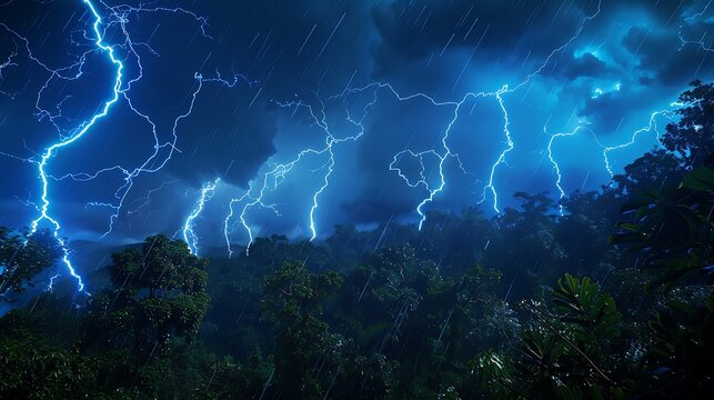 A fierce thunderstorm unleashes a barrage of lightning strikes over a dense forest, illuminating the treetops with electric blue light.
