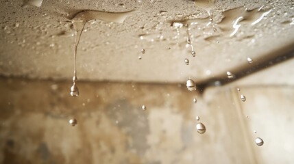 Close-up of water droplets leaking from ceiling, moisture buildup and damage, urgent home repair need, interior leak illustration