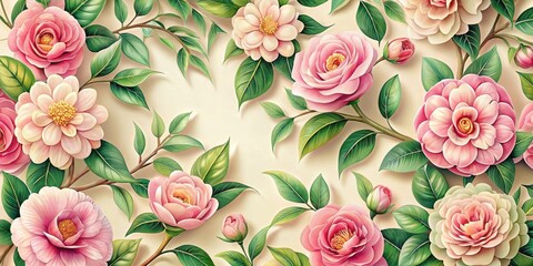 Delicate Camellia Floral Pattern with Intricate Leaves , floral arrangement