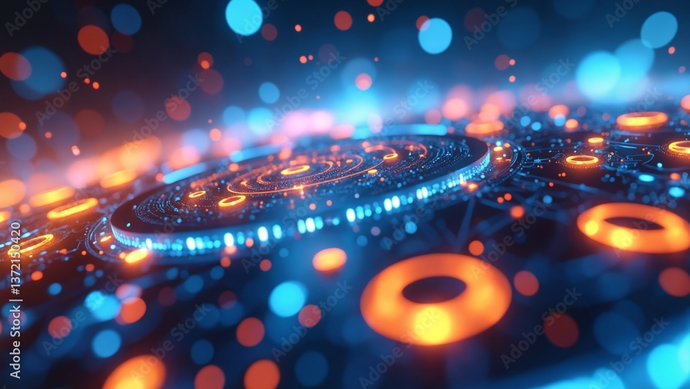 Poster abstract digital artwork of glowing orange and blue circular patterns in a futuristic concept of lig