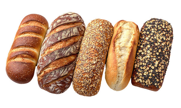 Five assorted bread loaves transparent background for food displays