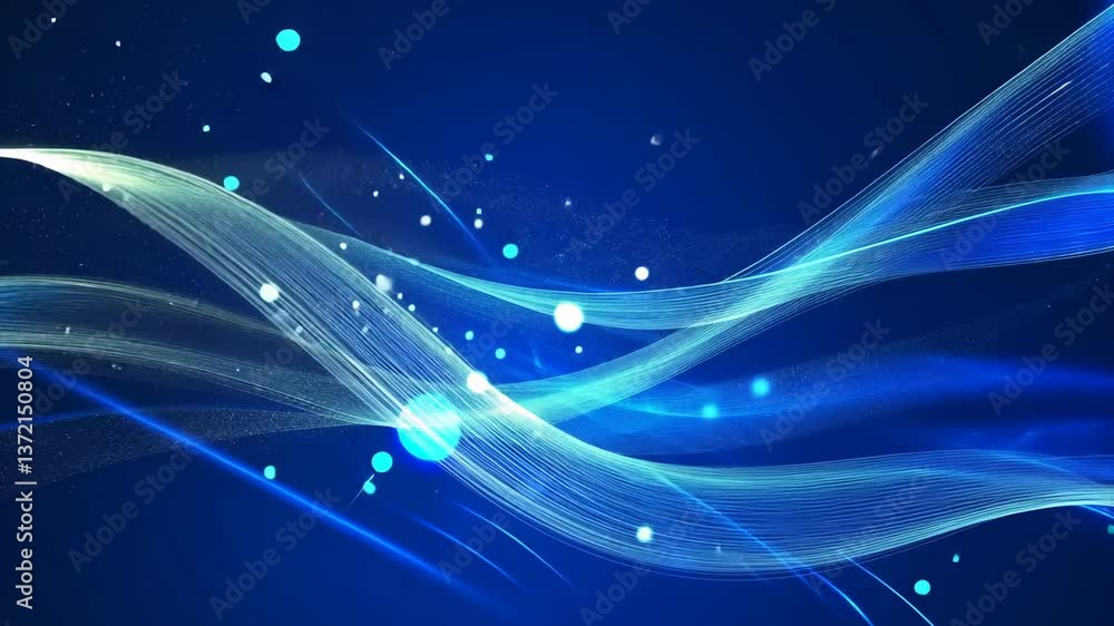 Poster flowing wave patterns create a dynamic blue abstract design with light accents and energy in the bac