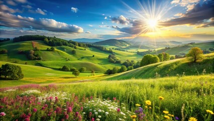 Naklejka premium A bright sunny day in a lush green countryside with rolling hills and wildflowers swaying gently in the breeze , wildflowers, green fields