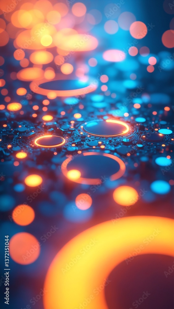 Poster Abstract Digital Artwork of Glowing Orange and Blue Circular Patterns in a Futuristic Concept of Light Emission and Depth Perception