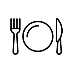 Plate and cutlery icon on white background