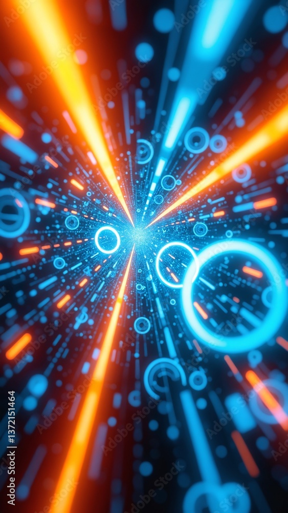 Poster Abstract Digital Artwork of Glowing Orange and Blue Circular Patterns in a Futuristic Concept of Light Emission and Depth Perception