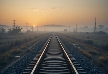 Fototapeta premium Sunrise over the Misty Railway Tracks