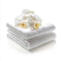 Towels and orchid on white background.