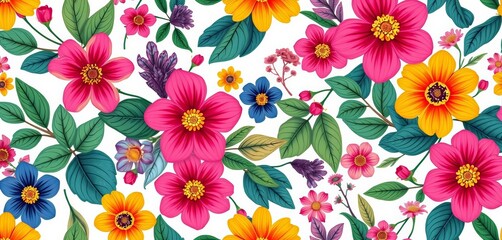 Seamless bright Scandinavian floral textile pattern, vibrant blooms and leaves on white background, stock, pretty