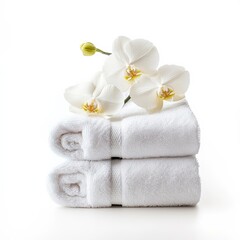 Orchid and towels on white background.