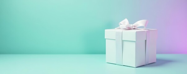 Close-up of a white gift box on mint green and lavender gradient backdrop, present, box