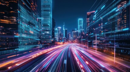 Cityscape with Digital Data Overlay and Light Trails illustration