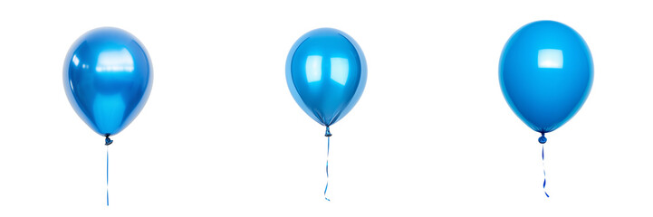 Set of A cluster of vibrant blue helium balloons tied to a wooden stick, floating against a bright sky with soft clouds on transparent png background