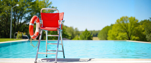 Modern lifeguard chair by tranquil swimming pool, summer safety