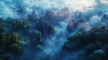 Fototapeta premium a [moody/cloudy] cinematic and realistic arial shot of a magical forest 
