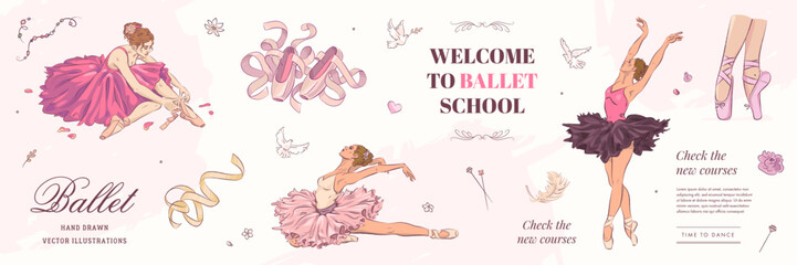 Hand drawn sketch ballet set. Ballet school advertisement promotion banner. Vector illustration of ballerina and ballet studio elements isolated on background