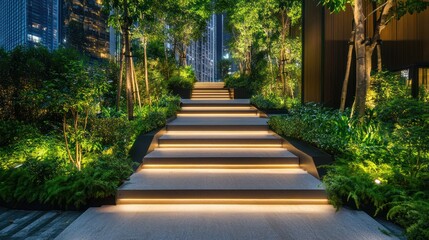 Cityscape illuminated stairs, greenery, pathway, modern design, urban oasis, night time