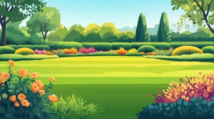 Beautiful manicured lawn and flowerbed with deciduous shrubs on plot or Park outdoor. Green lawn closely mowed grass. illustration