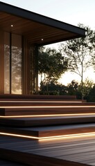 Fototapeta premium Elegant modern villa entrance with thermowood steps and led lights under a warm sunset glow