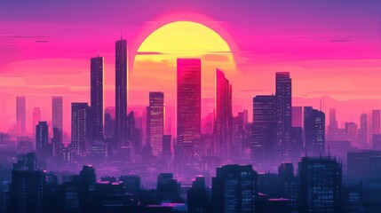 Fototapeta premium Gradient texture on a futuristic cityscape at sunset, glow, gradient illustration