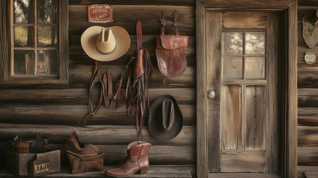Vibrant western lifestyle  hats, spurs, saddles, and reywelt boots beside a rustic cabin