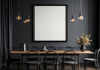 Dark dining room scene with blank framed art