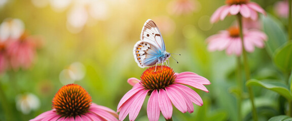 Delicate butterfly sipping nectar on pink coneflower in lush garden, tranquility