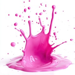 Pink paint splash with droplets on white background, Vivid pink paint splash with scattered droplets on a white background, showcasing vibrant color and dynamic liquid movement.