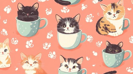 Obraz premium Cat seamless pattern vector kitten coffee cup calico 