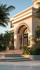 Fototapeta premium Stunning luxury villa entrance with layered elevation, warm concrete steps, and elegant landscaping