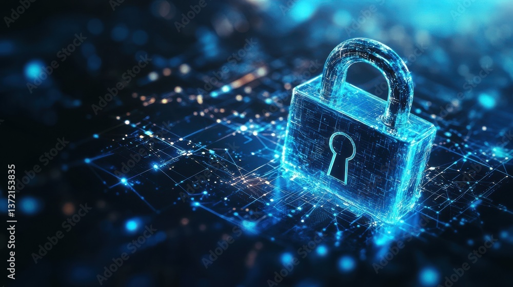 Poster a digital padlock on a dark blue backdrop symbolizes robust cyber security, emphasizing fraud preven