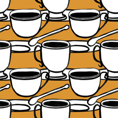 Elegant simple seamless pattern with coffee cups on grey background, watercolor illustration for different purposes.