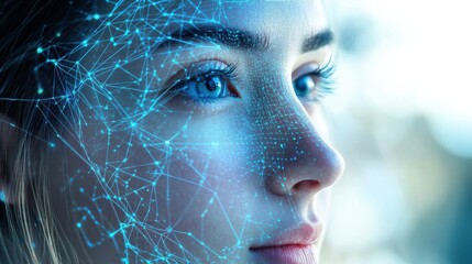 A woman's face with a network overlay, showcasing advancements in facial recognition and artificial intelligence in technology. illustration