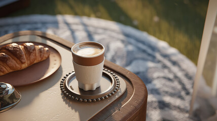 Coffee cup on a wooden table, radiating warmth and simplicity, evoking a sense of calm and morning serenity.