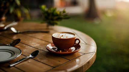 Coffee cup on a wooden table, radiating warmth and simplicity, evoking a sense of calm and morning serenity.