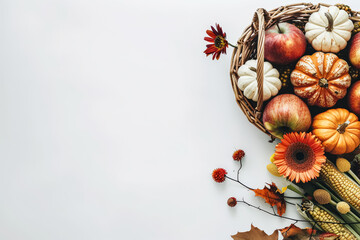 Basket of apples and pumpkins is on a white background. The basket is filled with a variety of fruits and vegetables, including apples and pumpkins. The basket is placed on a table, and the fruits