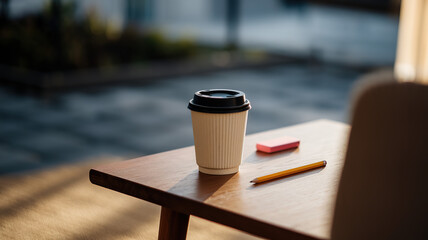 Coffee cup on a wooden table, radiating warmth and simplicity, evoking a sense of calm and morning serenity.