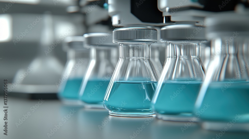 Poster clear laboratory flasks with blue liquid displayed in scientific setting