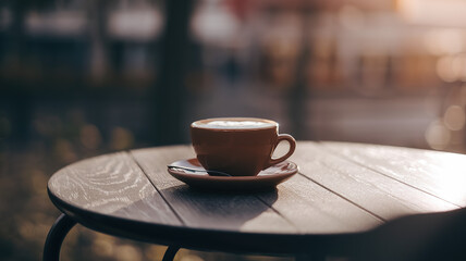 Coffee cup on a wooden table, radiating warmth and simplicity, evoking a sense of calm and morning serenity.