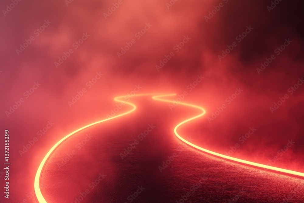 Poster winding illuminated path through fog creating an atmospheric landscape at dusk