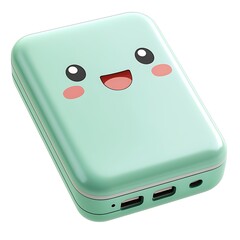 Cute Mint Green Portable Charger with Happy Face Design. A cheerful power bank perfect for on-the-go charging.