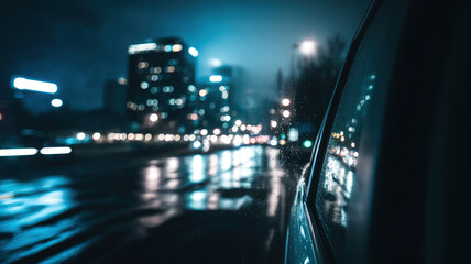 Nighttime cityscape through a car window, blurred lights and reflections, evoking a sense of urban solitude and quiet introspection.