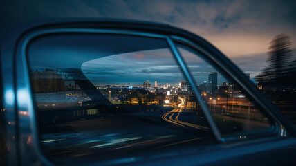 Nighttime cityscape through a car window, blurred lights and reflections, evoking a sense of urban solitude and quiet introspection.
