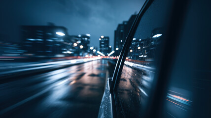 Nighttime cityscape through a car window, blurred lights and reflections, evoking a sense of urban solitude and quiet introspection.