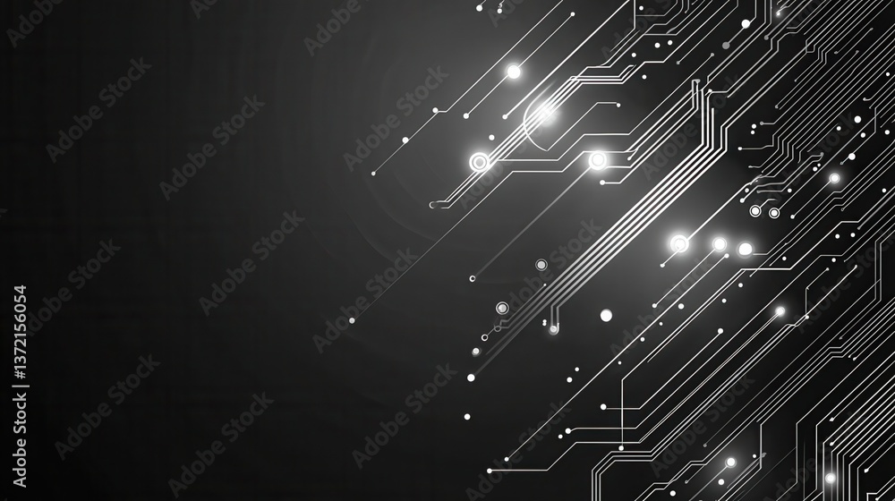 Poster a modern abstract circuit design with silver lines and dots on a sleek dark background, ideal for te