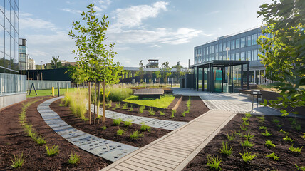 Naklejka premium Modern urban park landscaped courtyard pathways and greenery