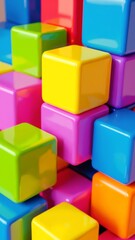 Obraz premium Colorful 3D Render of Vibrant Square Blocks Arrangement Focusing on Bright, Glossy Surfaces Creating an Eye-Catching Abstract Background