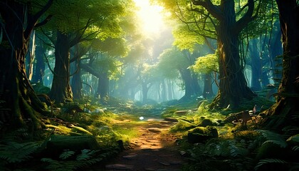 Obraz premium Sunlit Path Through Lush, Mystical Rainforest