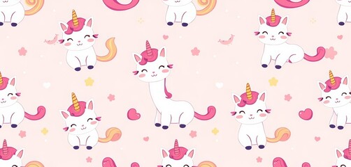 Seamless vector pattern featuring adorable kawaii caticorn illustrations; pastel colors, whimsical design, pastel, clipart